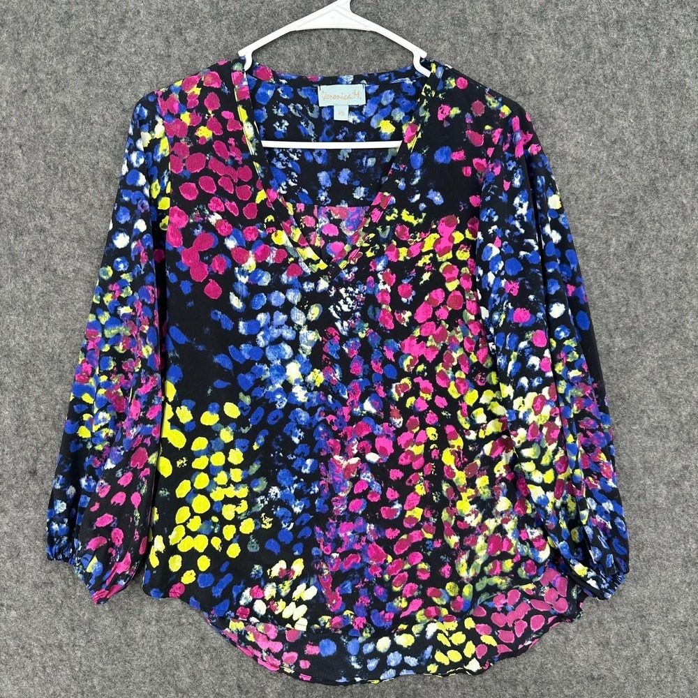 Veronica M XS Floral Blouse Black Pink Blue Yellow V-Neck 3/4 Balloon Sleeve Top